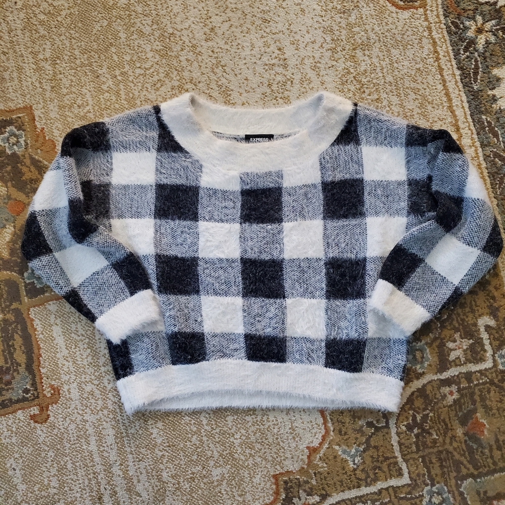 EXPRESS Furry Buffalo Check Cozy Soft Cabincore Sweater L - Picture 9 of 10